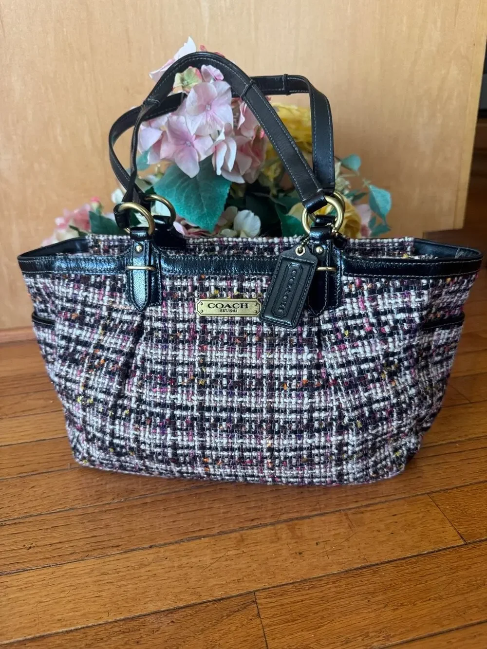COACH F20025 Galaxy Tweed Tote Black Patent Leather Shoulder Bag (170